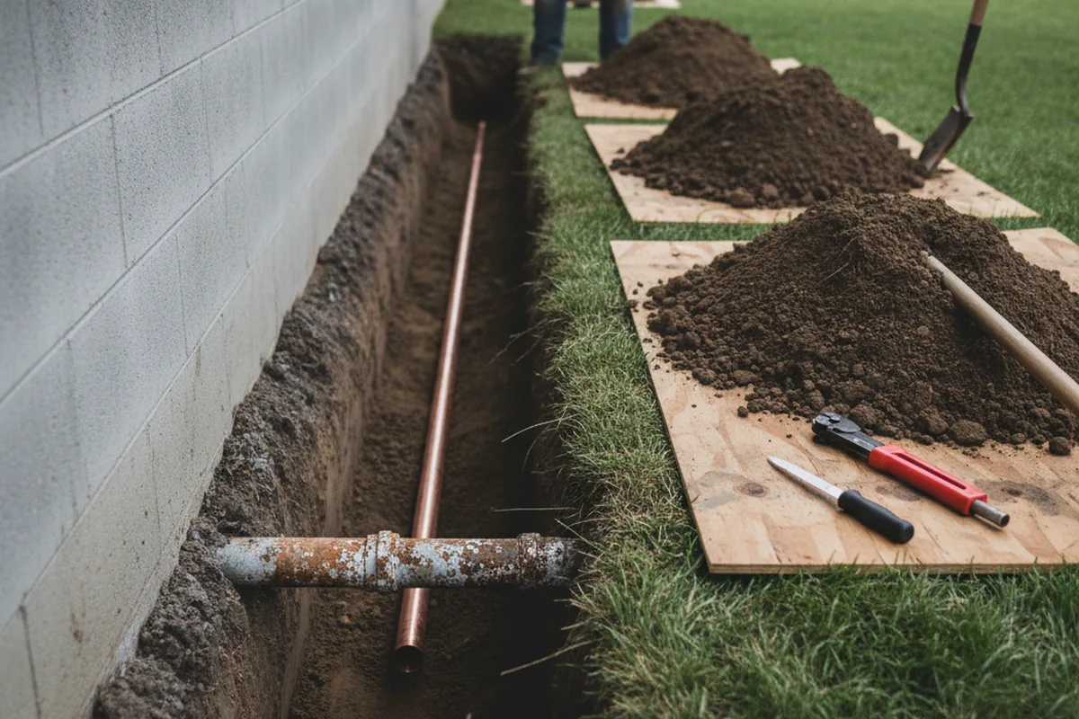 Excavated water line trench during Sewer Line Repair in Key Biscayne